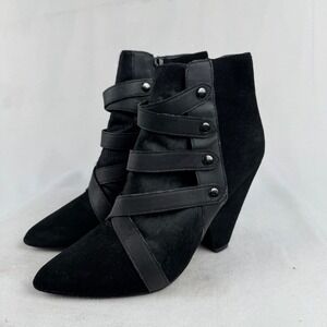 Steve Madden Black‎ Leather Suede Strappy Pointed Toe Cone Heel Ankle Booties